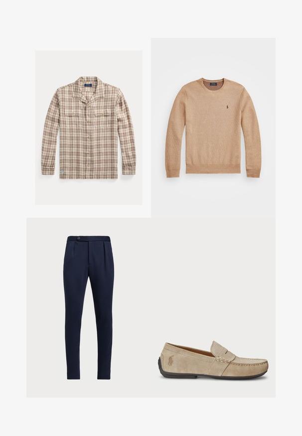 Béžový pletený svetr s kulatým výstřihem, žebrovanými manžetami a lemem a malým vyšitým logem na levém prsu.; Hnědá a krémová kostkovaná košile s dlouhými rukávy, dvěma kapsami na prsou a zlatými knoflíky; má kempový límec a malý logo akcent.; Námořnické modré kalhoty s přizpůsobeným střihem, plochým předním dílem, dvěma předními sklady a jedním knoflíkem na zapínání, vyrobené z hladké, texturované látky.; Béžové semišové mokasíny se šitým detailem, plochou gumovou podrážkou a malým logem na boku. Klasický design na klín, měkká textura.