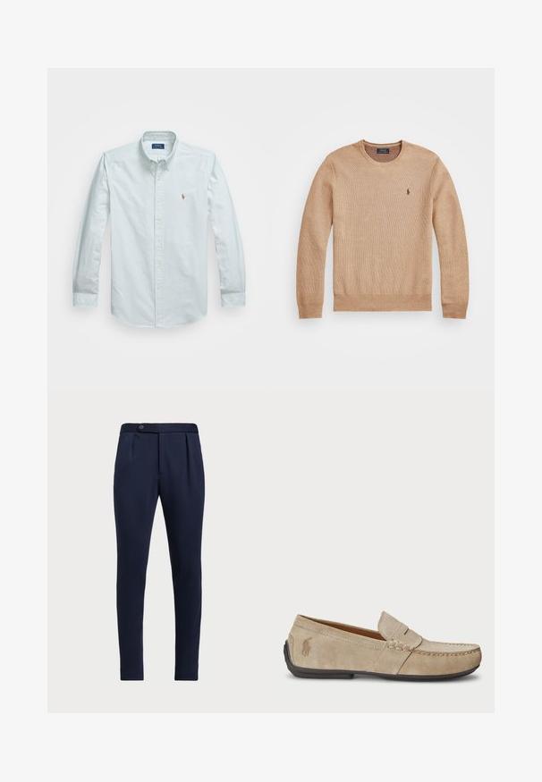 Béžový pletený svetr s kulatým výstřihem, žebrovanými manžetami a lemem a malým vyšitým logem na levém prsu.; Světle modrá pruhovaná pánská košile s dlouhými rukávy, límečkem a malým vyšitým logem na hrudi. Textura bavlněné tkaniny.; Námořnické modré kalhoty s přizpůsobeným střihem, plochým předním dílem, dvěma předními sklady a jedním knoflíkem na zapínání, vyrobené z hladké, texturované látky.; Béžové semišové mokasíny se šitým detailem, plochou gumovou podrážkou a malým logem na boku. Klasický design na klín, měkká textura.