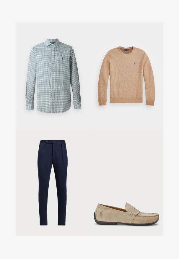 Bežinis mezginys megztinis su apvaliu iškirpimu, suplėštais rankogaliais ir apačia, bei mažas siuvinėtas logotipas kairėje krūtinės pusėje.; Mėlyna ir balta languota marškiniai su ilgomis rankovėmis, klasikinio apykaklės dizaino, su maža siuvinėta emblema ant krūtinės.; Tamsiai mėlynos pritaikytos kelnės su lygia priekine dalimi, dviem priekinių raukšlių ir vienu mygtuko užsegimu, pagamintos iš lygaus, tekstūruoto audinio.; Beige zomšos loaferiai su siuvinėjimo detale, plokščiu guminio pado, ir mažuoju logotipu šone. Klasikinis priglaudimo dizainas, minkšta tekstūra.
