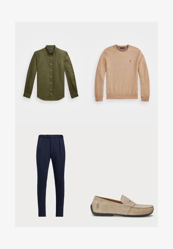 Sweater de malha bege com decote redondo, punhos e bainha canelados, e um pequeno logótipo bordado no lado esquerdo do peito.; Camisa botão verde oliva, feita de linho, com colarinho clássico, mangas longas e um pequeno logótipo bordado no peito.; Calças ajustadas azul-marinho com frente lisa, duas pregas frontais e fecho de botão único, apresentando um tecido liso e texturizado.; Mocassins de camurça beiges com um detalhe costurado, sola de borracha plana e um pequeno logotipo de lado. Design clássico de calçar, textura suave.