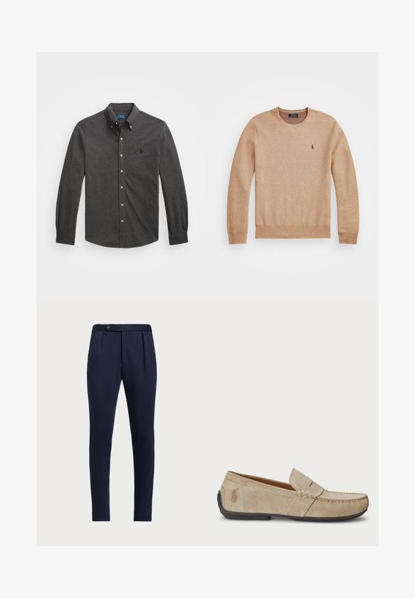 Beige kötött pulóver, kerek nyakkivágással, bordás mandzsettákkal és szegéllyel, valamint egy kis hímezett logóval a bal mellrészen.; Sötétszürke, hosszú ujjú ing, klasszikus gallérral, finom textúrával és egy kicsi logóval a mellkason.; Tengerészeti kék, testreszabott nadrág, lapos elejű, két elülső pliszével és egy gombos záródással, sima, textúrált anyaggal.; Beige velúr mokaszin, varrott díszítéssel, lapos gumitalppal és kis logóval az oldalon. Klasszikus slip-on dizájn, puha tapintású.