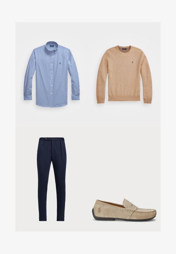 Beige kötött pulóver, kerek nyakkivágással, bordás mandzsettákkal és szegéllyel, valamint egy kis hímezett logóval a bal mellrészen.; Kék és fehér csíkos, hosszú ujjú ing, gombos gallérral, fehér gombokkal és egy kis logóval a bal mellen. Sima szövettextúra.; Tengerészeti kék, testreszabott nadrág, lapos elejű, két elülső pliszével és egy gombos záródással, sima, textúrált anyaggal.; Beige velúr mokaszin, varrott díszítéssel, lapos gumitalppal és kis logóval az oldalon. Klasszikus slip-on dizájn, puha tapintású.