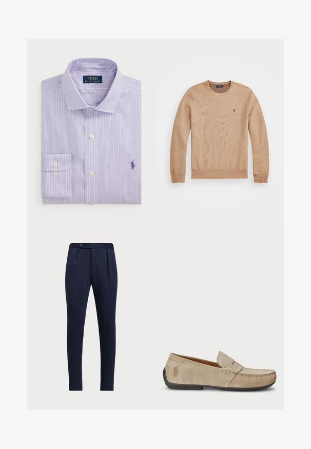 Bežinis mezginys megztinis su apvaliu iškirpimu, suplėštais rankogaliais ir apačia, bei mažas siuvinėtas logotipas kairėje krūtinės pusėje.; Šviesiai purpurinė marškiniai su baltais vertikaliais dryžiais, su mygtukų priekiu, vienu krūtinės kišeniu, dekoruoti tamsiai purpuriniu siuvinėtu logotipu.; Tamsiai mėlynos pritaikytos kelnės su lygia priekine dalimi, dviem priekinių raukšlių ir vienu mygtuko užsegimu, pagamintos iš lygaus, tekstūruoto audinio.; Beige zomšos loaferiai su siuvinėjimo detale, plokščiu guminio pado, ir mažuoju logotipu šone. Klasikinis priglaudimo dizainas, minkšta tekstūra.