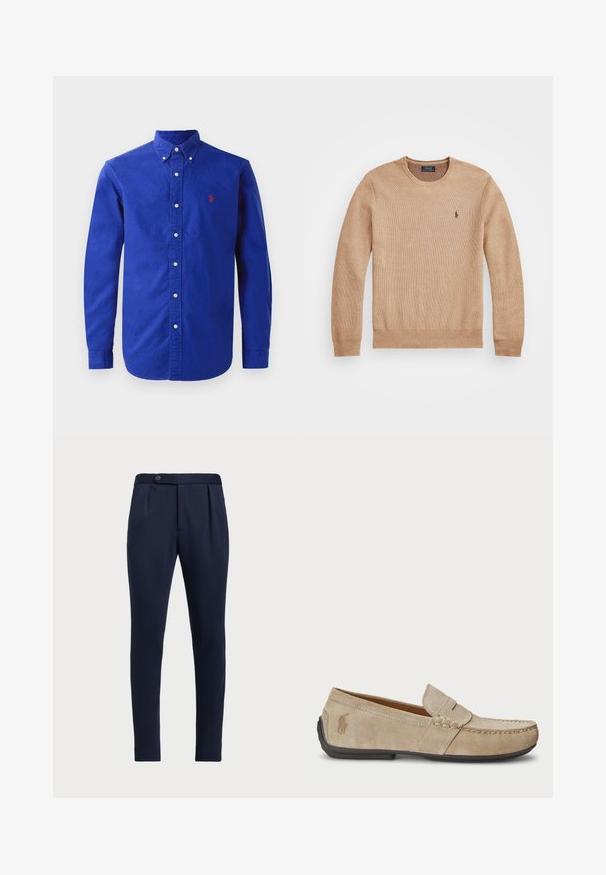 Sweater de malha bege com decote redondo, punhos e bainha canelados, e um pequeno logótipo bordado no lado esquerdo do peito.; Camisa azul de manga longa feita de algodão, com colarinho abotoado, botões frontais e um pequeno logótipo vermelho no peito.; Calças ajustadas azul-marinho com frente lisa, duas pregas frontais e fecho de botão único, apresentando um tecido liso e texturizado.; Mocassins de camurça beiges com um detalhe costurado, sola de borracha plana e um pequeno logotipo de lado. Design clássico de calçar, textura suave.