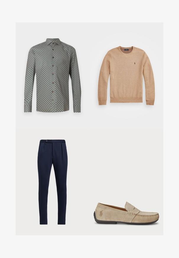 Bežani pleteni pulover s okruglim izrezom, rebrastim rukavima i donjim rubom te malim izvezenim logom na lijevoj strani prsnog koša.; Košulja dugih rukava od zelene tkanine s ponovljenim cvjetnim uzorkom. Ogrlica je s dugmadi, s smeškastim dugmadi duž prednje strane.; Tamno plave krojene hlače s ravnim prednjim dijelom, dva prednja nabora i jednim zatvaračem na gumb, izrađene od glatkog, teksturiranog materijala.; Bež suknjeni mokasini s prošivom, ravnim gumiranim potplatom i malim logotipom sa strane. Klasičan dizajn za jednostavno obuvanje, mekana textura.