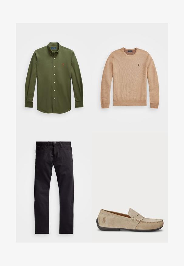 Sweater de malha bege com decote redondo, punhos e bainha canelados, e um pequeno logótipo bordado no lado esquerdo do peito.; Camisa de homem de manga longa, verde oliva, com colarinho abotoado e logótipo bordado em vermelho da Polo Ralph Lauren no peito.; Calças de ganga pretas com um design de perna reta, apresentando um fecho de botão e fecho de correr, cinco bolsos e um tecido ligeiramente texturizado.; Mocassins de camurça beiges com um detalhe costurado, sola de borracha plana e um pequeno logotipo de lado. Design clássico de calçar, textura suave.