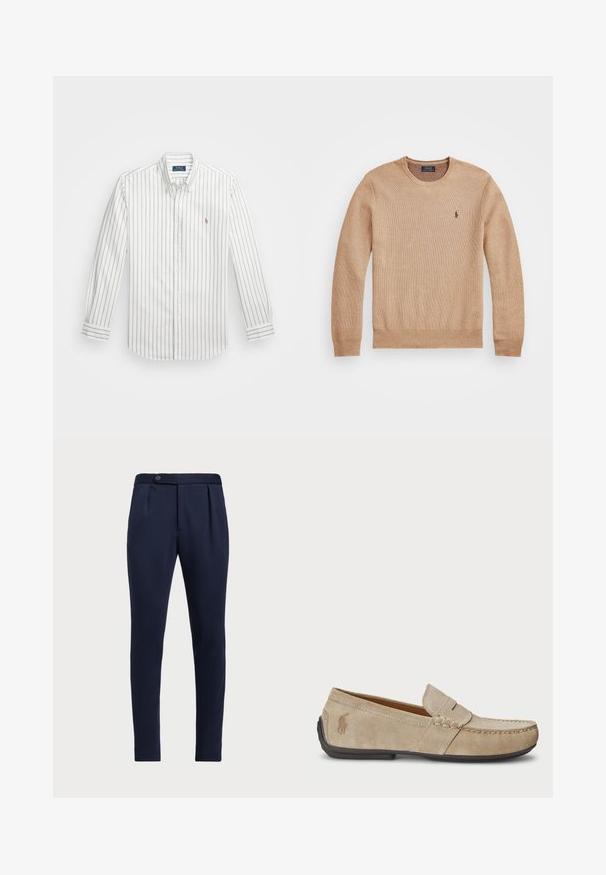 Beige strikkegenser med rund hals, ribbestrikkede mansjetter og kant, samt en liten brodert logo på venstre bryst.; Hvit skjorte med lyseblå vertikale striper, lange ermer, knappet krage, og liten brodert logo på venstre bryst.; Marineblå skreddersydde bukser med flat front, to frontfolder og en enkelt knappelukking, med et glatt, teksturert stoff.; Beige mokasiner i semsket skinn med en sydd detalj, flat gummisåle og en liten logo på siden. Klassisk slip-on-design, myk tekstur.