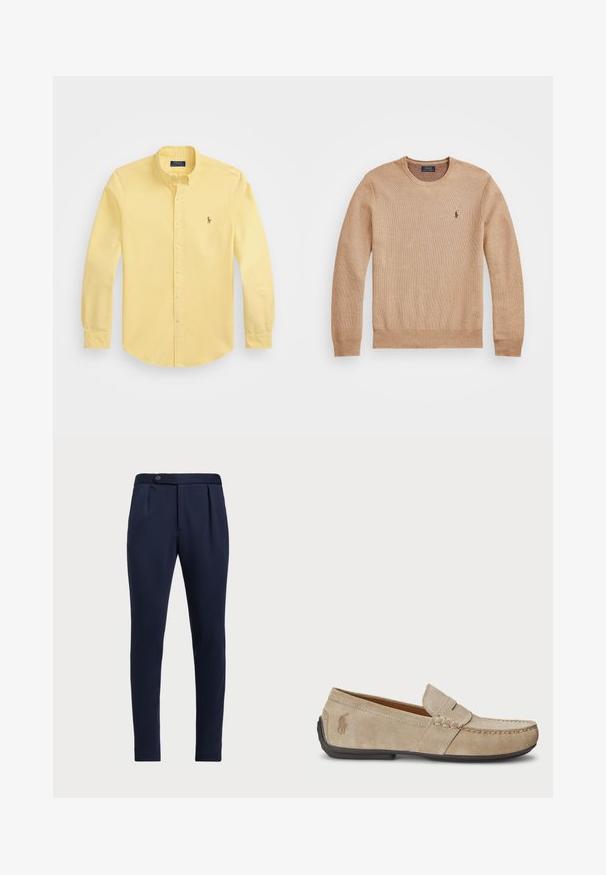 Μπεζ πλεκτό πουλόβερ με στρογγυλή λαιμόκοψη, ριμπ μανσέτες και στρίφωμα, καθώς και ένα μικρό κεντημένο λογότυπο στο αριστερό στήθος.; Κίτρινο πουκάμισο μακρυμάνικο με κουμπιά, φτιαγμένο από βαμβάκι, με κλασικό γιακά, λευκά κουμπιά και ένα μικρό κεντημένο λογότυπο στο στήθος.; Σκούρο μπλε κομμένα παντελόνια με επίπεδο μπροστινό μέρος, δύο πλαϊνές πτυχώσεις και έναν κουμπί για κλείσιμο, με λείο και υφαμένο ύφασμα.; Μπεζ σουέτ μοκασίνια με ραμμένο σχέδιο, επίπεδη καουτσούκ σόλα και μικρό λογότυπο στο πλάι. Κλασικός σχεδιασμός που φοριέται εύκολα, μαλακή υφή.