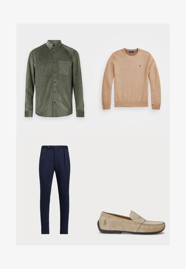 Sweater de malha bege com decote redondo, punhos e bainha canelados, e um pequeno logótipo bordado no lado esquerdo do peito.; Camisa de botão de mangas longas em veludo corduroy verde-azeitona para homem, com bolso no peito e colarinho abotoável, apresentada sobre fundo branco.; Calças ajustadas azul-marinho com frente lisa, duas pregas frontais e fecho de botão único, apresentando um tecido liso e texturizado.; Mocassins de camurça beiges com um detalhe costurado, sola de borracha plana e um pequeno logotipo de lado. Design clássico de calçar, textura suave.