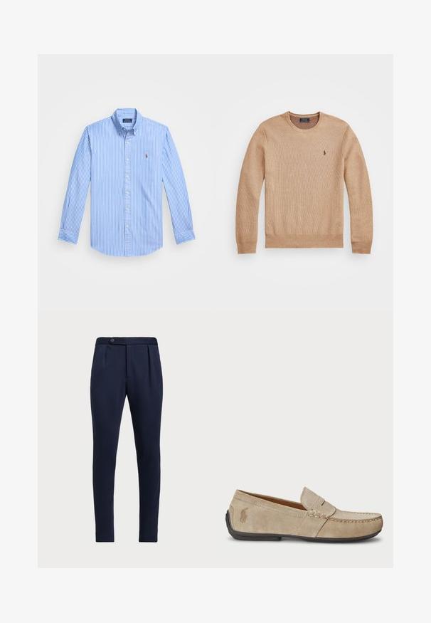 Sweater de malha bege com decote redondo, punhos e bainha canelados, e um pequeno logótipo bordado no lado esquerdo do peito.; Camisa de botão de manga longa azul e branca com riscas, colarinho pontudo e emblema logotipo no peito. Tecido em algodão com textura suave.; Calças ajustadas azul-marinho com frente lisa, duas pregas frontais e fecho de botão único, apresentando um tecido liso e texturizado.; Mocassins de camurça beiges com um detalhe costurado, sola de borracha plana e um pequeno logotipo de lado. Design clássico de calçar, textura suave.