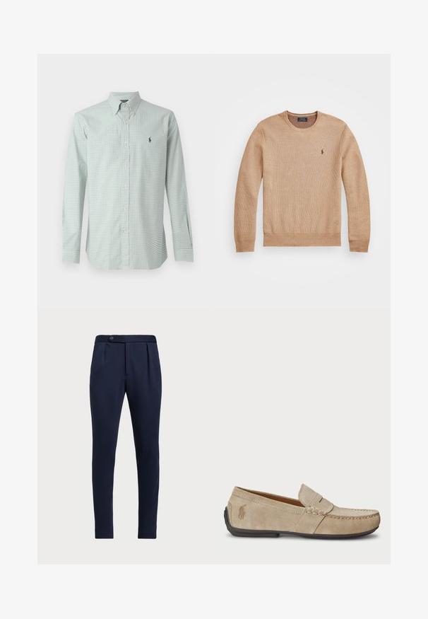 Sweater de malha bege com decote redondo, punhos e bainha canelados, e um pequeno logótipo bordado no lado esquerdo do peito.; Camisa de mangas longas em padrão gingham verde claro, com colarinho clássico e pequeno logo azul-marinho no peito. Apresenta botões brancos e tecido texturizado.; Calças ajustadas azul-marinho com frente lisa, duas pregas frontais e fecho de botão único, apresentando um tecido liso e texturizado.; Mocassins de camurça beiges com um detalhe costurado, sola de borracha plana e um pequeno logotipo de lado. Design clássico de calçar, textura suave.