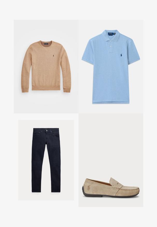 Pull en tricot beige avec un col rond, des poignets et un ourlet côtelés, et un petit logo brodé sur la poitrine gauche.; Polo shirt bleu clair en coton. Présente une patte de boutonnage à trois boutons et un logo brodé bleu foncé sur la poitrine gauche. Manches courtes.; Jean en denim bleu foncé à coupe ajustée. Comprend cinq poches, une braguette zippée et une fermeture par bouton métallique. Texture lisse avec une décoloration minimale.; Mocassins en suede beige avec un détail cousu, semelle en caoutchouc plate et un petit logo sur le côté. Design classique à enfiler, texture douce.