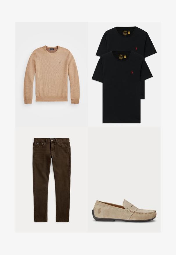 Bežinis mezginys megztinis su apvaliu iškirpimu, suplėštais rankogaliais ir apačia, bei mažas siuvinėtas logotipas kairėje krūtinės pusėje.; Juodieji medvilniniai marškinėliai su apvalia iškirpte, parduodami dviejų pakuotėje, su mažuoju raudonu siuvinėjimu krūtinėje. Individualiai pritaikytas lieknas modelis.; Tamsiai rudi siauri džinsai su penkiais kišenėmis, sagos ir užtrauktuko užsegimu, matomais Polo prekės ženklo etiketėmis ant juosmens ir priekinės kišenės.; Beige zomšos loaferiai su siuvinėjimo detale, plokščiu guminio pado, ir mažuoju logotipu šone. Klasikinis priglaudimo dizainas, minkšta tekstūra.