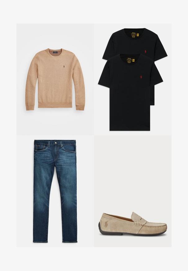 Suéter de punto beige con un cuello redondo, puños y dobladillo acanalados, y un pequeño logo bordado en el lado izquierdo del pecho.; Camisetas de algodón negro de cuello redondo en un paquete de dos, con un pequeño logo bordado rojo en el pecho. Diseño ajustado personalizado.; Vaqueros azul oscuro hechos de mezclilla, con un corte ajustado, cinco bolsillos, costuras en naranja contrastante y un diseño de pierna recta.; Mocasines de ante beige con detalle cosido, suela de goma plana y un pequeño logotipo en el lateral. Diseño clásico de slip-on, textura suave.