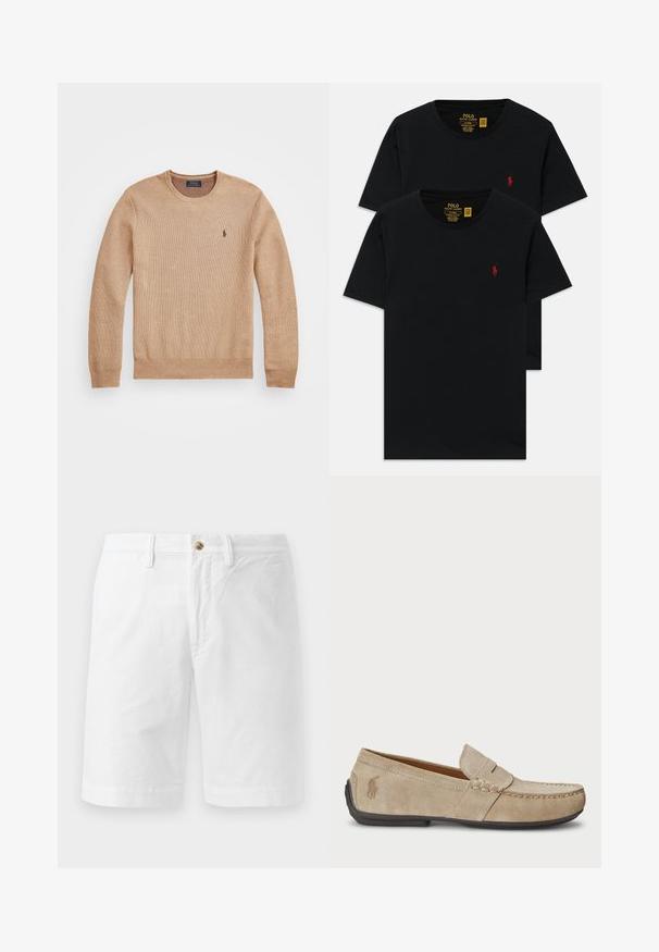 Sweater de malha bege com decote redondo, punhos e bainha canelados, e um pequeno logótipo bordado no lado esquerdo do peito.; Camisas de algodão pretas de gola redonda em pacote de dois, com um pequeno logotipo bordado em vermelho no peito. Design personalizado de corte slim.; Bermudas brancas de algodão com um corte relaxado, apresentando uma fecho frontal com botão, passadores de cinto e um design plano na frente. Textura suave e corte até ao joelho.; Mocassins de camurça beiges com um detalhe costurado, sola de borracha plana e um pequeno logotipo de lado. Design clássico de calçar, textura suave.