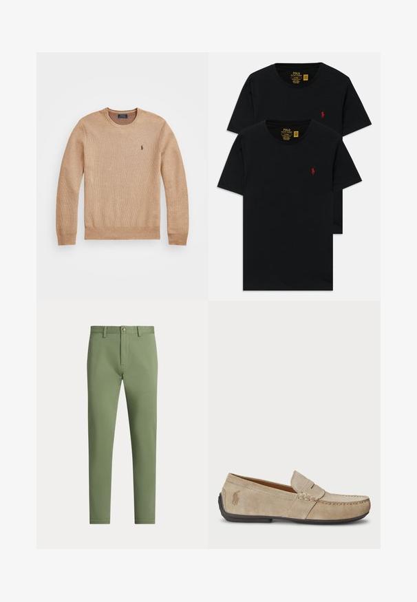 Bežani pleteni pulover s okruglim izrezom, rebrastim rukavima i donjim rubom te malim izvezenim logom na lijevoj strani prsnog koša.; Crne pamučne majice s kratkim rukavima i okruglim izrezom u paketu po dvije, s malim crvenim izvezenim logotipom na prsima. Prilagođeni uski kroj.; Zelene pamučne hlače uskog kroja, s prednjim džepovima, patentnim zatvaračem i kopčanjem na dugme. Glatka tekstura i čist, minimalistički dizajn.; Bež suknjeni mokasini s prošivom, ravnim gumiranim potplatom i malim logotipom sa strane. Klasičan dizajn za jednostavno obuvanje, mekana textura.