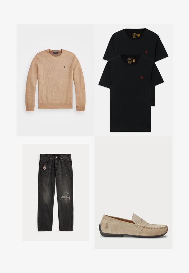 Beige strikkegenser med rund hals, ribbestrikkede mansjetter og kant, samt en liten brodert logo på venstre bryst.; Svarte bomull crew neck t-skjorter i en pakke med to, med en liten rød brodert logo på brystet. Skreddersydd slim fit design.; Svarte denimbukser med rett ben, slitte detaljer og en lapp på venstre lomme. Har synlige sømmer og en falmet tekstur.; Beige mokasiner i semsket skinn med en sydd detalj, flat gummisåle og en liten logo på siden. Klassisk slip-on-design, myk tekstur.