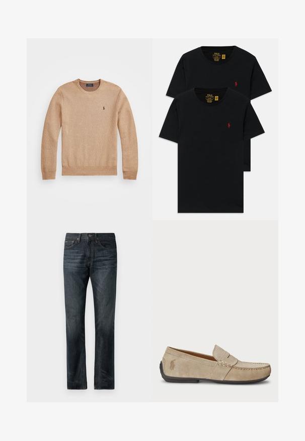 Beige strikkegenser med rund hals, ribbestrikkede mansjetter og kant, samt en liten brodert logo på venstre bryst.; Svarte bomull crew neck t-skjorter i en pakke med to, med en liten rød brodert logo på brystet. Skreddersydd slim fit design.; Mørkeblå denimjeans med rette ben, som har en klassisk fem-lommers design og kobberfargede sømdetaljer.; Beige mokasiner i semsket skinn med en sydd detalj, flat gummisåle og en liten logo på siden. Klassisk slip-on-design, myk tekstur.