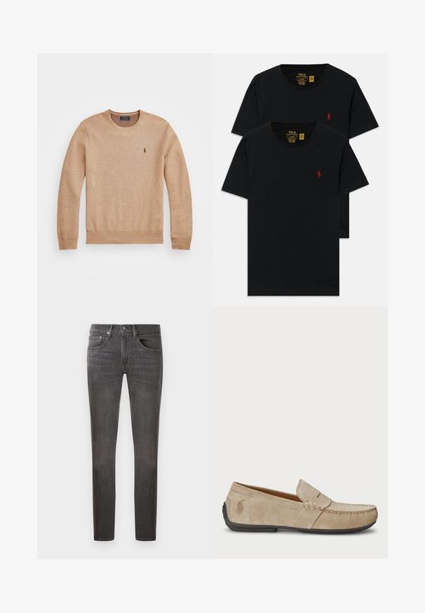 Beige strikkegenser med rund hals, ribbestrikkede mansjetter og kant, samt en liten brodert logo på venstre bryst.; Svarte bomull crew neck t-skjorter i en pakke med to, med en liten rød brodert logo på brystet. Skreddersydd slim fit design.; Mørkegrå denimjeans med klassisk passform, fem-lommers design og subtilt slitasjeeffekt, med knappelukking og glidelås.; Beige mokasiner i semsket skinn med en sydd detalj, flat gummisåle og en liten logo på siden. Klassisk slip-on-design, myk tekstur.