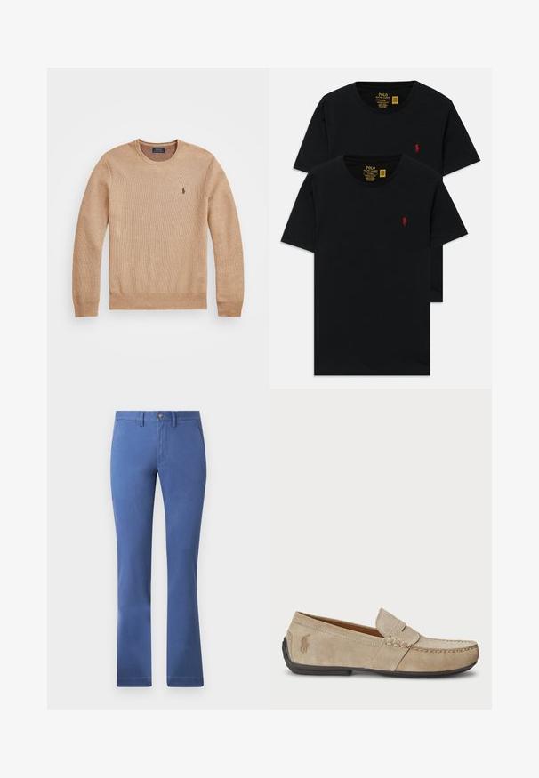 Sweater de malha bege com decote redondo, punhos e bainha canelados, e um pequeno logótipo bordado no lado esquerdo do peito.; Camisas de algodão pretas de gola redonda em pacote de dois, com um pequeno logotipo bordado em vermelho no peito. Design personalizado de corte slim.; Calças de algodão azul em mistura, com um design de perna reta, fecho de botão, bolsos funcionais e uma textura suave. Estilo simples e versátil.; Mocassins de camurça beiges com um detalhe costurado, sola de borracha plana e um pequeno logotipo de lado. Design clássico de calçar, textura suave.