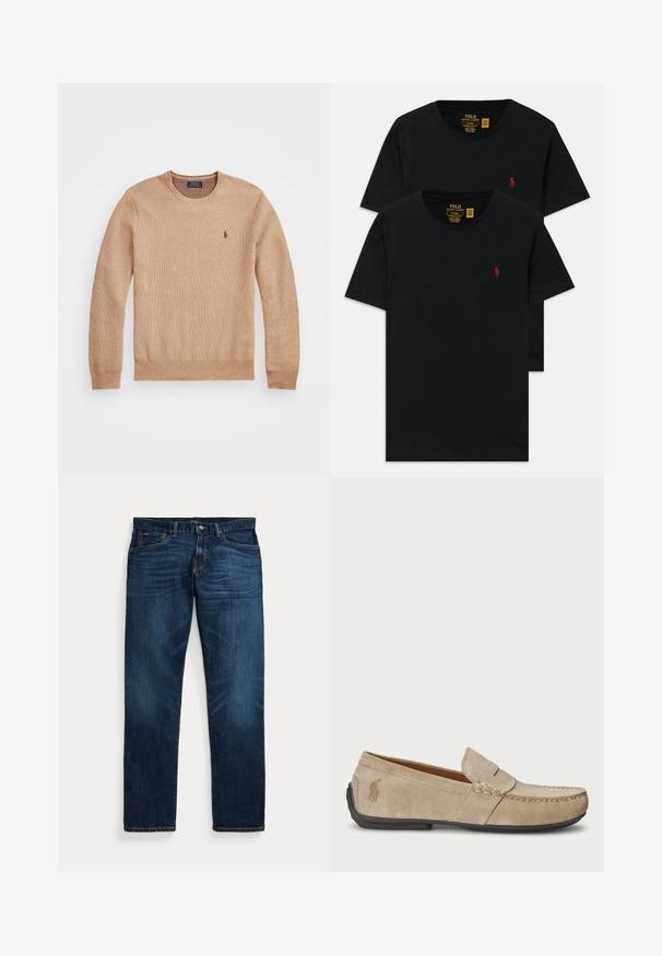 Bežinis mezginys megztinis su apvaliu iškirpimu, suplėštais rankogaliais ir apačia, bei mažas siuvinėtas logotipas kairėje krūtinės pusėje.; Juodieji medvilniniai marškinėliai su apvalia iškirpte, parduodami dviejų pakuotėje, su mažuoju raudonu siuvinėjimu krūtinėje. Individualiai pritaikytas lieknas modelis.; Tamsiai mėlyni džinsai iš džinso audinio su šiek tiek išeplėšimu šlaunyse ir kišenėse, užsegami mygtuku ir užtrauktuku, penkių kišenių dizainas, išdėstyti ant balto fono.; Beige zomšos loaferiai su siuvinėjimo detale, plokščiu guminio pado, ir mažuoju logotipu šone. Klasikinis priglaudimo dizainas, minkšta tekstūra.
