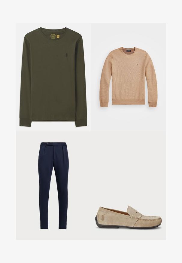 Sweater de malha bege com decote redondo, punhos e bainha canelados, e um pequeno logótipo bordado no lado esquerdo do peito.; Camisola de algodão de manga comprida, verde-oliva, com decote redondo e um pequeno logótipo escuro no lado esquerdo do peito. Textura suave, design justo.; Calças ajustadas azul-marinho com frente lisa, duas pregas frontais e fecho de botão único, apresentando um tecido liso e texturizado.; Mocassins de camurça beiges com um detalhe costurado, sola de borracha plana e um pequeno logotipo de lado. Design clássico de calçar, textura suave.