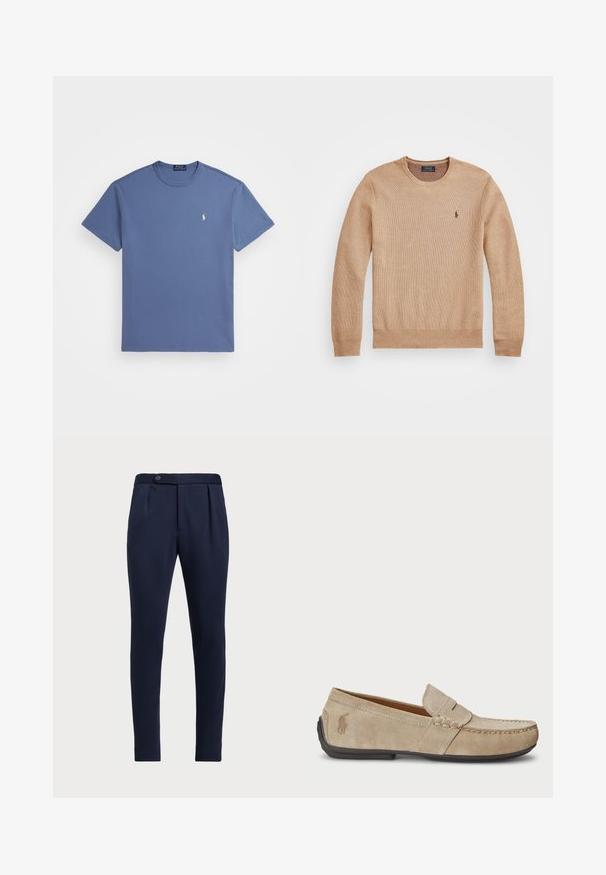 Sweater de malha bege com decote redondo, punhos e bainha canelados, e um pequeno logótipo bordado no lado esquerdo do peito.; T-shirt de algodão azul com mangas curtas, decote redondo e pequeno logótipo bordado no peito. Textura suave, design clássico.; Calças ajustadas azul-marinho com frente lisa, duas pregas frontais e fecho de botão único, apresentando um tecido liso e texturizado.; Mocassins de camurça beiges com um detalhe costurado, sola de borracha plana e um pequeno logotipo de lado. Design clássico de calçar, textura suave.