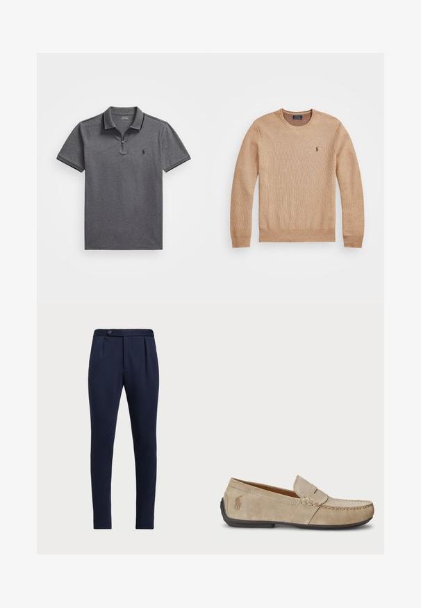 Beżowy sweter dzianinowy z okrągłym dekoltem, prążkowanymi mankietami i dołem oraz małym haftowanym logo na lewej piersi.; Koszulka polo w ciemnoszarym kolorze z zamkiem przy kołnierzyku, wykonana z textured materiału, z krótkimi rękawami i małym czarnym logo na lewej piersi.; Granatowe eleganckie spodnie z płaskim przodem, dwoma fałdami z przodu i pojedynczym zapięciem na guzik, wykonane z gładkiego, teksturowanego materiału.; Beżowe zamszowe loafersy z przeszyciem, płaską gumową podeszwą i małym logo po boku. Klasyczny model wsuwany, miękka faktura.