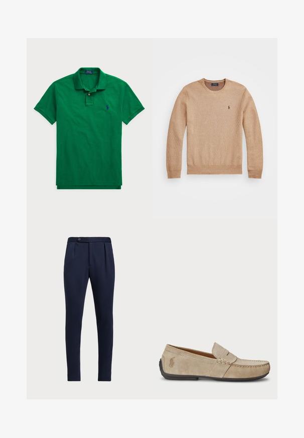 Sweater de malha bege com decote redondo, punhos e bainha canelados, e um pequeno logótipo bordado no lado esquerdo do peito.; Polo verde feito de algodão, com colarinho clássico, pala de botões, mangas curtas e um logo azul bordado no peito.; Calças ajustadas azul-marinho com frente lisa, duas pregas frontais e fecho de botão único, apresentando um tecido liso e texturizado.; Mocassins de camurça beiges com um detalhe costurado, sola de borracha plana e um pequeno logotipo de lado. Design clássico de calçar, textura suave.