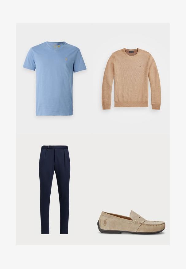 Μπεζ πλεκτό πουλόβερ με στρογγυλή λαιμόκοψη, ριμπ μανσέτες και στρίφωμα, καθώς και ένα μικρό κεντημένο λογότυπο στο αριστερό στήθος.; Ανοιχτό μπλε βαμβακερό μπλουζάκι με V-λαιμόκοψη, κοντά μανίκια και μικρό κεντητό λογότυπο στην αριστερή πλευρά του στήθους. Λείο ύφασμα, casual εφαρμογή.; Σκούρο μπλε κομμένα παντελόνια με επίπεδο μπροστινό μέρος, δύο πλαϊνές πτυχώσεις και έναν κουμπί για κλείσιμο, με λείο και υφαμένο ύφασμα.; Μπεζ σουέτ μοκασίνια με ραμμένο σχέδιο, επίπεδη καουτσούκ σόλα και μικρό λογότυπο στο πλάι. Κλασικός σχεδιασμός που φοριέται εύκολα, μαλακή υφή.