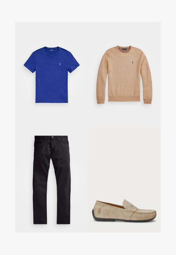 Maglione beige lavorato a maglia con scollatura rotonda, polsini e orlo a costine, e un piccolo logo ricamato sul lato sinistro del petto.; Polo Ralph Lauren CUSTOM SLIM FIT JERSEY CREWNECK T-SHIRT - T-shirt basic - beach royal; Jeans neri in denim con design a gamba dritta, dotati di chiusura con bottone e zip, cinque tasche e un tessuto leggermente texture.; Mocassini in suede beige con dettaglio cucito, suola piatta in gomma e piccolo logo sul lato. Design classico slip-on, texture morbida.