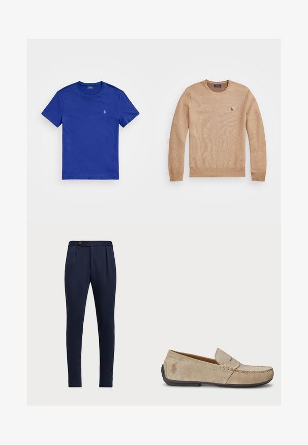 Beige strikkegenser med rund hals, ribbestrikkede mansjetter og kant, samt en liten brodert logo på venstre bryst.; Polo Ralph Lauren CUSTOM SLIM FIT JERSEY CREWNECK T-SHIRT - T-shirts - beach royal; Marineblå skreddersydde bukser med flat front, to frontfolder og en enkelt knappelukking, med et glatt, teksturert stoff.; Beige mokasiner i semsket skinn med en sydd detalj, flat gummisåle og en liten logo på siden. Klassisk slip-on-design, myk tekstur.