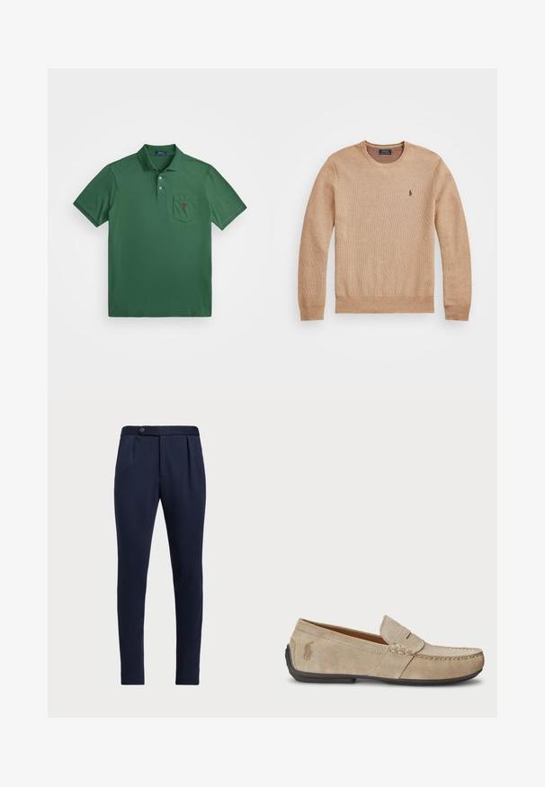 Beige kötött pulóver, kerek nyakkivágással, bordás mandzsettákkal és szegéllyel, valamint egy kis hímezett logóval a bal mellrészen.; Zöld, pamut keverékből készült polo póló, gallérral, három gombos nyakkal és egy mellzsebbel, amelyen egy kis piros logó található.; Tengerészeti kék, testreszabott nadrág, lapos elejű, két elülső pliszével és egy gombos záródással, sima, textúrált anyaggal.; Beige velúr mokaszin, varrott díszítéssel, lapos gumitalppal és kis logóval az oldalon. Klasszikus slip-on dizájn, puha tapintású.