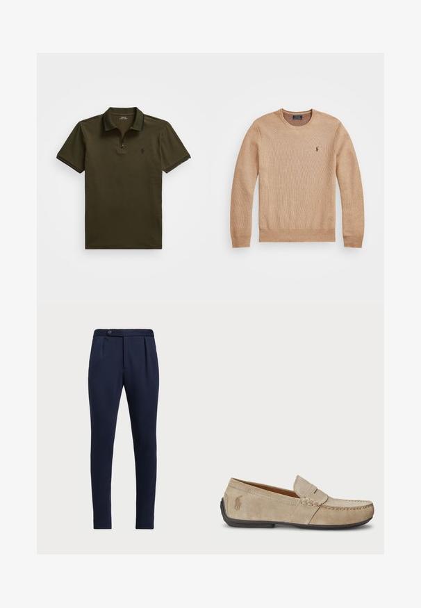 Beige knit sweater featuring a round neckline, ribbed cuffs and hem, and a small embroidered logo on the left chest.; Olive green polo shirt with short sleeves, zip neck, ribbed collar, and subtle navy accents. Features embroidered logo on the left chest.; Navy blue tailored pants with a flat front, two front pleats, and a single button closure, featuring a smooth, textured fabric.; Beige suede loafers with a stitched detail, flat rubber sole, and a small logo on the side. Classic slip-on design, soft texture.