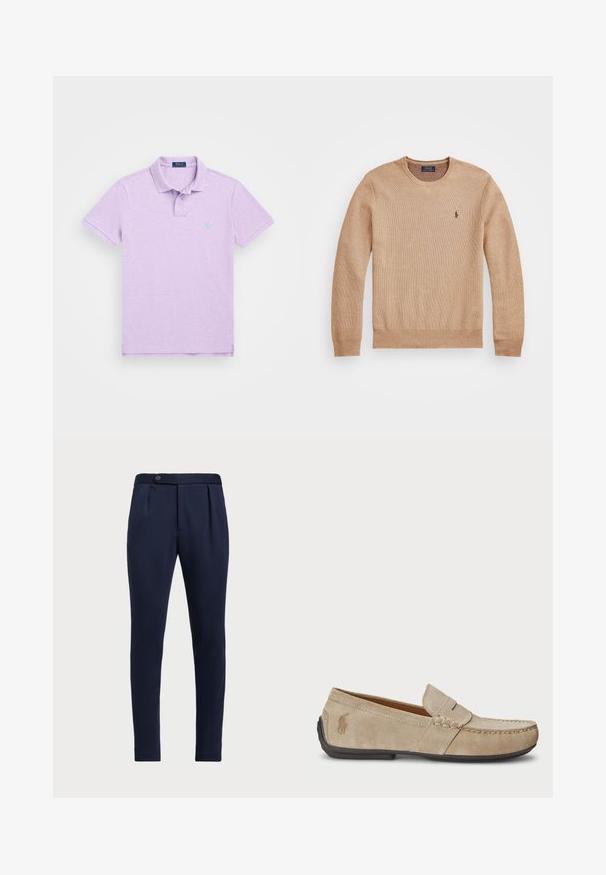Beige strikkegenser med rund hals, ribbestrikkede mansjetter og kant, samt en liten brodert logo på venstre bryst.; Lilla polo skjorte laget av bomull, med klassisk krage, korte ermer og en liten grønn logo på venstre bryst. Glatt tekstur.; Marineblå skreddersydde bukser med flat front, to frontfolder og en enkelt knappelukking, med et glatt, teksturert stoff.; Beige mokasiner i semsket skinn med en sydd detalj, flat gummisåle og en liten logo på siden. Klassisk slip-on-design, myk tekstur.