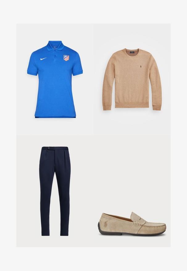Pull en tricot beige avec un col rond, des poignets et un ourlet côtelés, et un petit logo brodé sur la poitrine gauche.; Chemise polo bleue en coton, dotée d'un col, d'une patte de boutonnage à trois boutons, de manches courtes et d'un logo de club rouge et jaune sur la poitrine gauche.; Pantalons ajustés bleu marine avec un devant plat, deux plis avant et une fermeture à un bouton, en tissu lisse et texturé.; Mocassins en suede beige avec un détail cousu, semelle en caoutchouc plate et un petit logo sur le côté. Design classique à enfiler, texture douce.