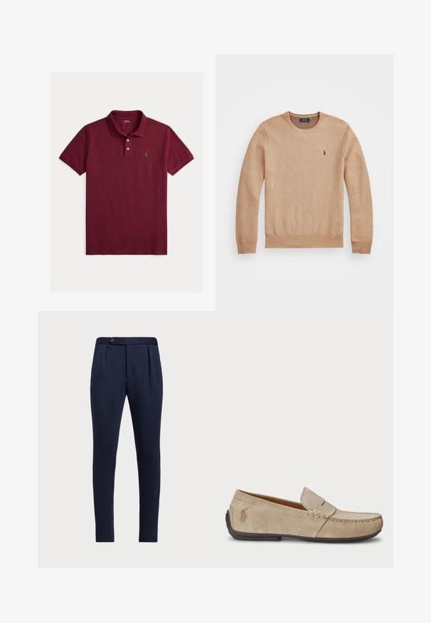 Béžový pletený svetr s kulatým výstřihem, žebrovanými manžetami a lemem a malým vyšitým logem na levém prsu.; Bordó polo tričko z bavlny, s tříknoflíkovou légu, krátkými rukávy a zeleným logem na hrudi.; Námořnické modré kalhoty s přizpůsobeným střihem, plochým předním dílem, dvěma předními sklady a jedním knoflíkem na zapínání, vyrobené z hladké, texturované látky.; Béžové semišové mokasíny se šitým detailem, plochou gumovou podrážkou a malým logem na boku. Klasický design na klín, měkká textura.