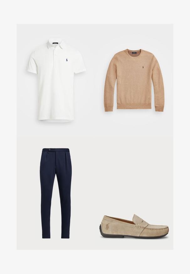 Pull en tricot beige avec un col rond, des poignets et un ourlet côtelés, et un petit logo brodé sur la poitrine gauche.; Polo-shirt blanc en coton lisse, avec un col classique, des manches courtes et un logo brodé bleu marine sur la poitrine gauche.; Pantalons ajustés bleu marine avec un devant plat, deux plis avant et une fermeture à un bouton, en tissu lisse et texturé.; Mocassins en suede beige avec un détail cousu, semelle en caoutchouc plate et un petit logo sur le côté. Design classique à enfiler, texture douce.