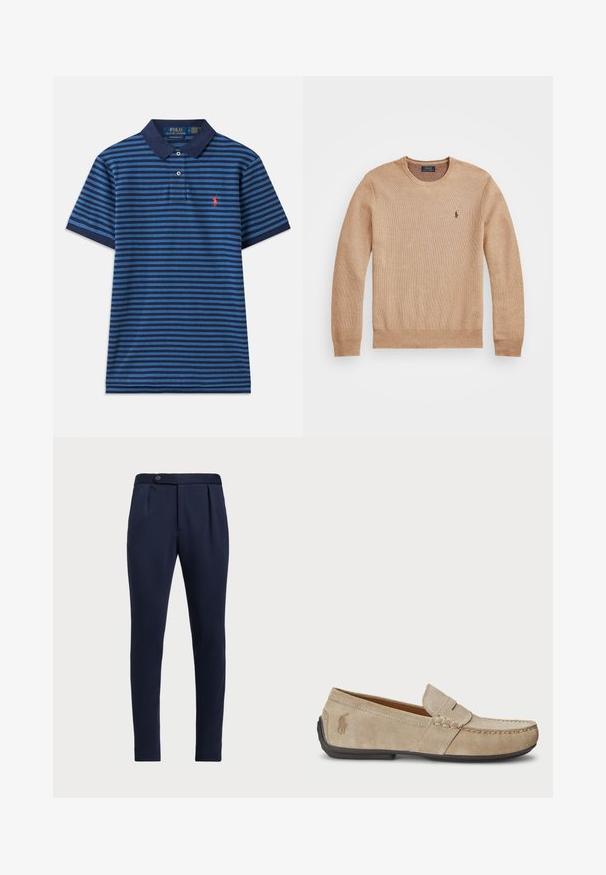 Bež pleteni pulover z okroglo izrezom, rebrastimi manšeti in robom ter majhnim vezenim logotipom na levi prsni strani.; Polo majica s prugicami v modrih odtenkih z temnim modrim ovratnikom. Ima kratke rokave in majhen rdeč logo na levem prsnem delu. Lahka tkanina.; Temno modri hlače po meri z ravnim sprednjim delom, dvema sprednjima pregiboma in z enim gumbom za zapiranje, iz gladkega teksturiranega materiala.; Bež nubuk loafers s šivano podrobnostjo, ravnim gumijastim podplatom in majhnim logotipom ob strani. Klasična zasnova za enostavno obuvanje, mehak material.