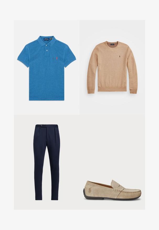 Beige knit sweater featuring a round neckline, ribbed cuffs and hem, and a small embroidered logo on the left chest.; Blue short-sleeve polo shirt with two buttons, collar, and small red embroidered logo on the left chest.; Navy blue tailored pants with a flat front, two front pleats, and a single button closure, featuring a smooth, textured fabric.; Beige suede loafers with a stitched detail, flat rubber sole, and a small logo on the side. Classic slip-on design, soft texture.