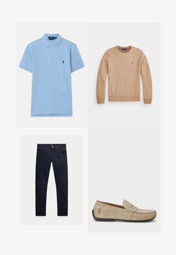 Pull en tricot beige avec un col rond, des poignets et un ourlet côtelés, et un petit logo brodé sur la poitrine gauche.; Polo shirt bleu clair en coton. Présente une patte de boutonnage à trois boutons et un logo brodé bleu foncé sur la poitrine gauche. Manches courtes.; Jean en denim bleu foncé à coupe ajustée. Comprend cinq poches, une braguette zippée et une fermeture par bouton métallique. Texture lisse avec une décoloration minimale.; Mocassins en suede beige avec un détail cousu, semelle en caoutchouc plate et un petit logo sur le côté. Design classique à enfiler, texture douce.