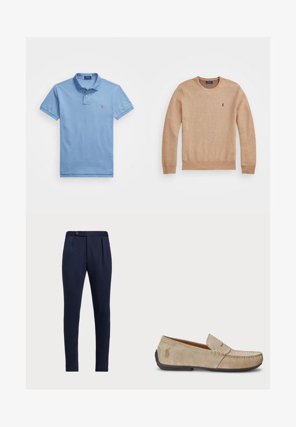 Beige strikkegenser med rund hals, ribbestrikkede mansjetter og kant, samt en liten brodert logo på venstre bryst.; Lys blå polo skjorte laget av bomull. Har klassisk krage, kortermede, og en liten brodert logo på venstre bryst.; Marineblå skreddersydde bukser med flat front, to frontfolder og en enkelt knappelukking, med et glatt, teksturert stoff.; Beige mokasiner i semsket skinn med en sydd detalj, flat gummisåle og en liten logo på siden. Klassisk slip-on-design, myk tekstur.