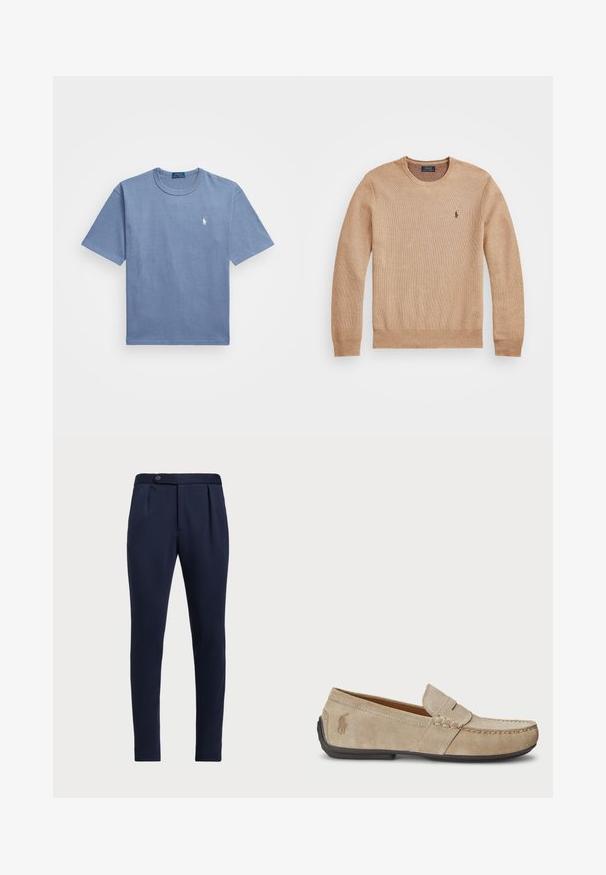 Bež pleteni pulover z okroglo izrezom, rebrastimi manšeti in robom ter majhnim vezenim logotipom na levi prsni strani.; Modra bombažna majica s kratkimi rokavi, okroglim ovratnikom in belim vezenim logotipom na levem prsnem delu. Gladka tekstura, sproščen dizajn.; Temno modri hlače po meri z ravnim sprednjim delom, dvema sprednjima pregiboma in z enim gumbom za zapiranje, iz gladkega teksturiranega materiala.; Bež nubuk loafers s šivano podrobnostjo, ravnim gumijastim podplatom in majhnim logotipom ob strani. Klasična zasnova za enostavno obuvanje, mehak material.