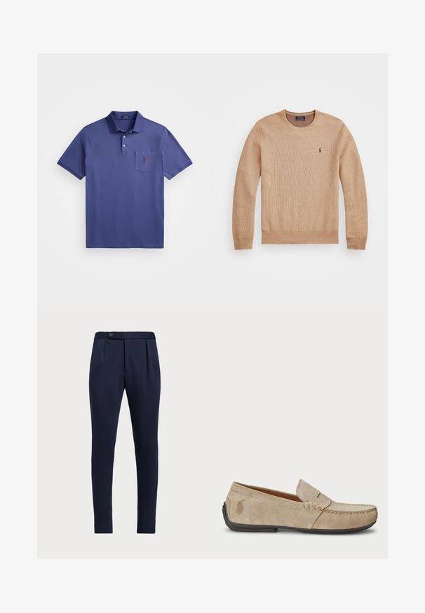 Sweater de malha bege com decote redondo, punhos e bainha canelados, e um pequeno logótipo bordado no lado esquerdo do peito.; Camisa polo roxa feita de algodão, com uma pala de três botões, mangas curtas e um bolso no peito com um bordado de logo vermelho.; Calças ajustadas azul-marinho com frente lisa, duas pregas frontais e fecho de botão único, apresentando um tecido liso e texturizado.; Mocassins de camurça beiges com um detalhe costurado, sola de borracha plana e um pequeno logotipo de lado. Design clássico de calçar, textura suave.