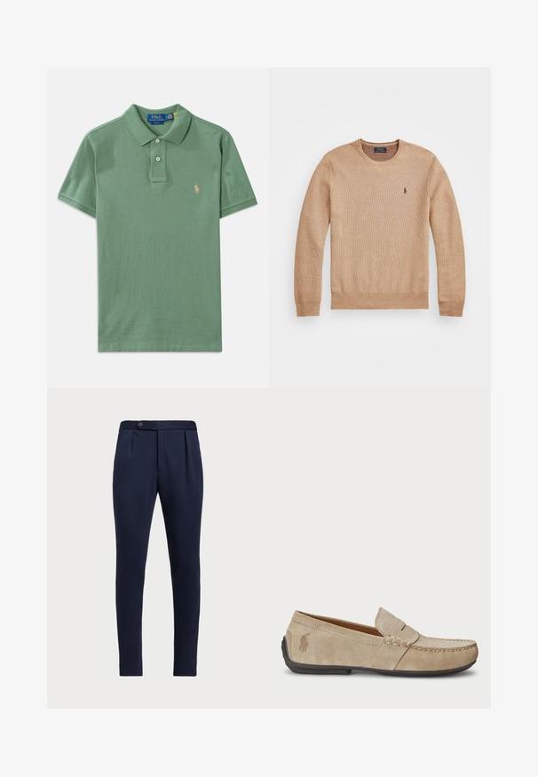 Sweater de malha bege com decote redondo, punhos e bainha canelados, e um pequeno logótipo bordado no lado esquerdo do peito.; Camisola polo em algodão verde claro, com gola, pala de três botões, mangas curtas e um pequeno logotipo bordado no peito.; Calças ajustadas azul-marinho com frente lisa, duas pregas frontais e fecho de botão único, apresentando um tecido liso e texturizado.; Mocassins de camurça beiges com um detalhe costurado, sola de borracha plana e um pequeno logotipo de lado. Design clássico de calçar, textura suave.