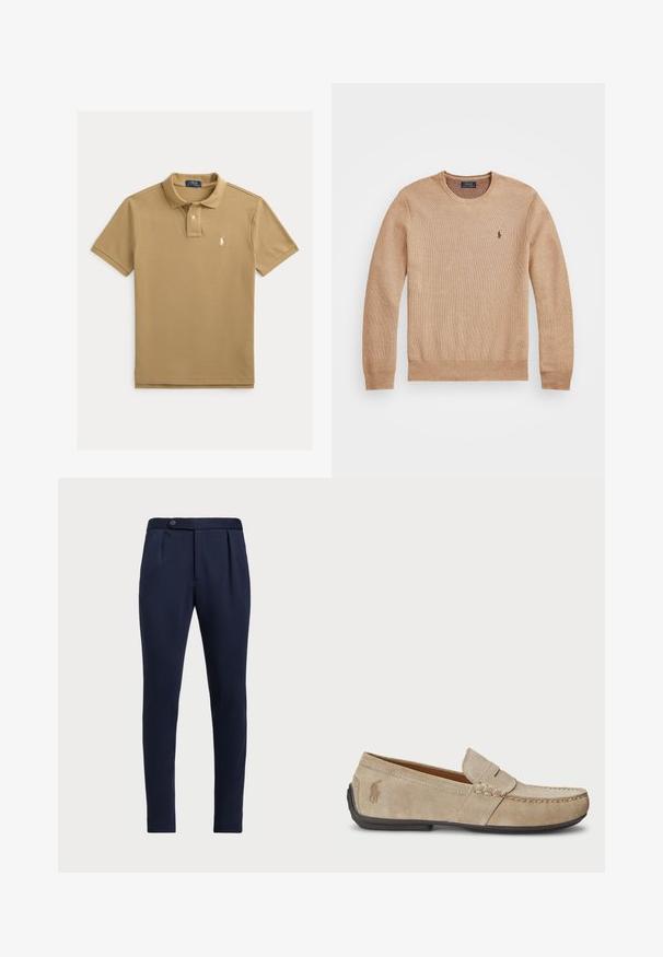 Beige strikkegenser med rund hals, ribbestrikkede mansjetter og kant, samt en liten brodert logo på venstre bryst.; Tannfarget t-skjorte i bomull med klassisk krage, korte ermer, to-knapps klaff og en hvit brodert logo på brystet.; Marineblå skreddersydde bukser med flat front, to frontfolder og en enkelt knappelukking, med et glatt, teksturert stoff.; Beige mokasiner i semsket skinn med en sydd detalj, flat gummisåle og en liten logo på siden. Klassisk slip-on-design, myk tekstur.