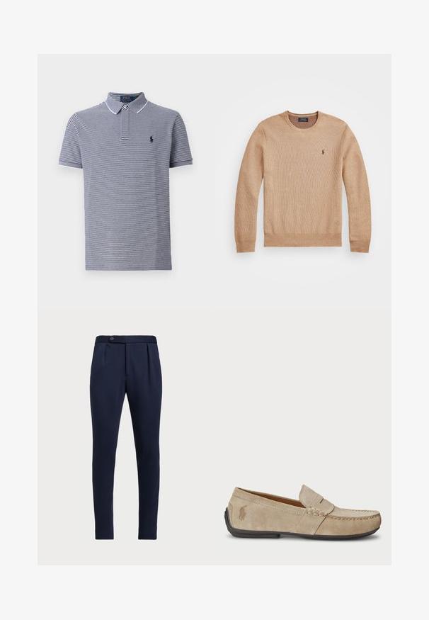 Beige stickad tröja med rund halsringning, ribbade mudd och nederkant, samt en liten broderad logotyp på vänster bröst.; Marinblå och vit randig polo skjorta med korta ärmar, krage och en liten logotyp på bröstet. Tillverkad av bomull med en slät textur.; Marinblå skräddarsydda byxor med en slät front, två framveck och en enkel knappstängning, i ett mjukt, strukturerat tyg.; Beiga mockasiner i mocka med en sömdetalj, platt gummisula och en liten logotyp på sidan. Klassisk slip-on design, mjuk textur.