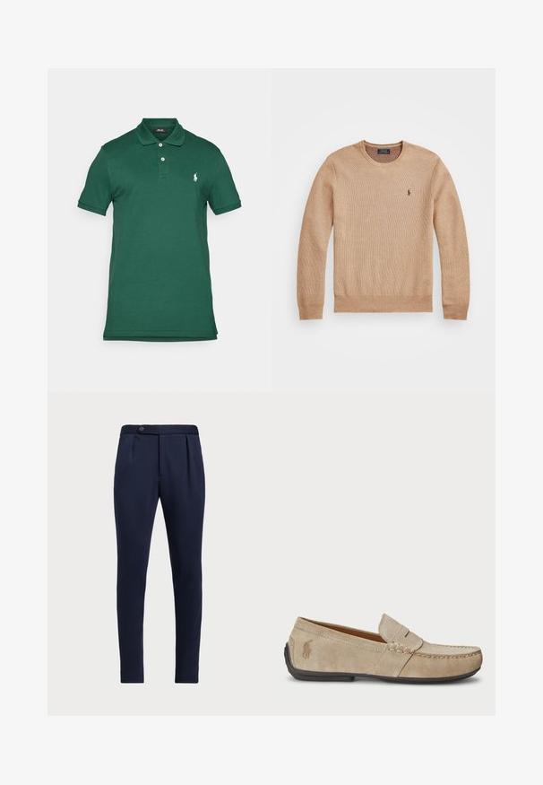 Beige knit sweater featuring a round neckline, ribbed cuffs and hem, and a small embroidered logo on the left chest.; Dark green polo shirt made of smooth cotton, featuring a collar, three buttons, and a small white logo on the left chest. Short sleeves.; Navy blue tailored pants with a flat front, two front pleats, and a single button closure, featuring a smooth, textured fabric.; Beige suede loafers with a stitched detail, flat rubber sole, and a small logo on the side. Classic slip-on design, soft texture.