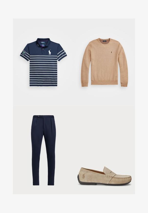 Beige strikkegenser med rund hals, ribbestrikkede mansjetter og kant, samt en liten brodert logo på venstre bryst.; Mørkeblå polo skjorte med hvite horisontale striper, kortermet og med lilla krage. Har en hvit logo og et Wimbledon-merke på ermet.; Marineblå skreddersydde bukser med flat front, to frontfolder og en enkelt knappelukking, med et glatt, teksturert stoff.; Beige mokasiner i semsket skinn med en sydd detalj, flat gummisåle og en liten logo på siden. Klassisk slip-on-design, myk tekstur.