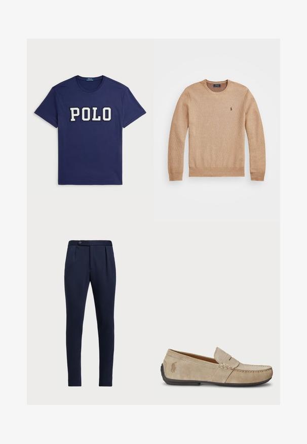 Beige kudumaterjalist sviiter, millel on ümar kaelus, soonikkoes mansetid ja põhi ning vasakul rinnal väike tikandlogoga.; Tumedat-sinine t-särk, mis on valmistatud puuvillast, millel on suur valge "POLO" graafika, ümara kaeluse ja lühikeste varrukatega.; Tumesinine voodriga püksid, millel on tasane esiosa, kaks esirühti ja ühe nupuga sulgemine, mis on valmistatud siledast tekstuuriga kangast.; Bež sueded loafers, mille õmblustega detailide, lame kummitald ja väike logo küljel. Klassikaline libisev disain, pehme tekstuur.